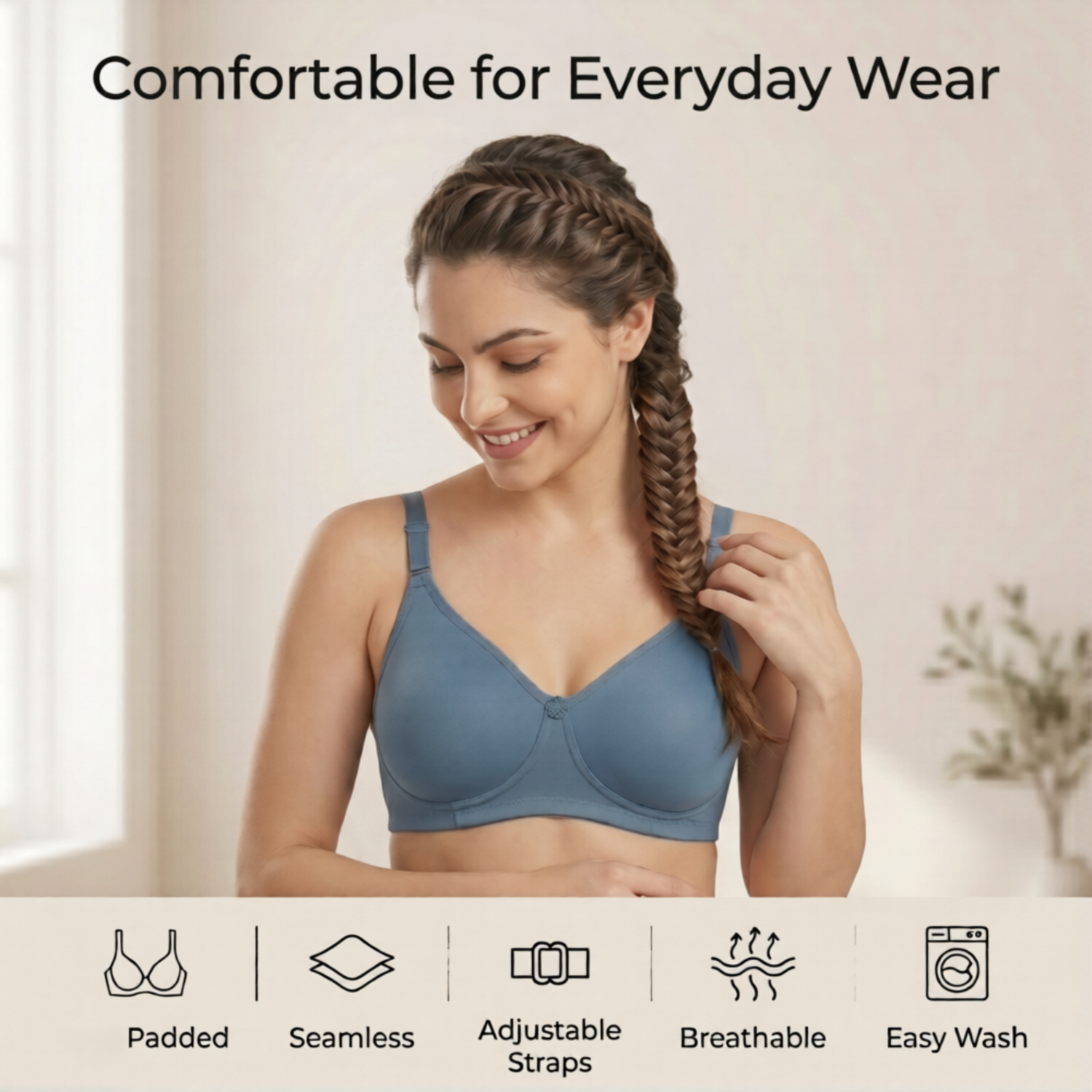 Elen Vosky Padded Bra for Women (Pack of 3) | Push-Up Seamless Adjustable Shoulder Bra | Comfortable Everyday Wear | Lightly Lined Wireless Support | Soft Breathable Lingerie