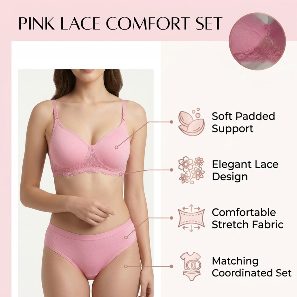 Elen Vosky Women’s Lingerie Set | Panty Set with Strappy Detailing | Breathable Cotton Lycra Fabric | Seamless Padded Bra with Lace Bottom Band