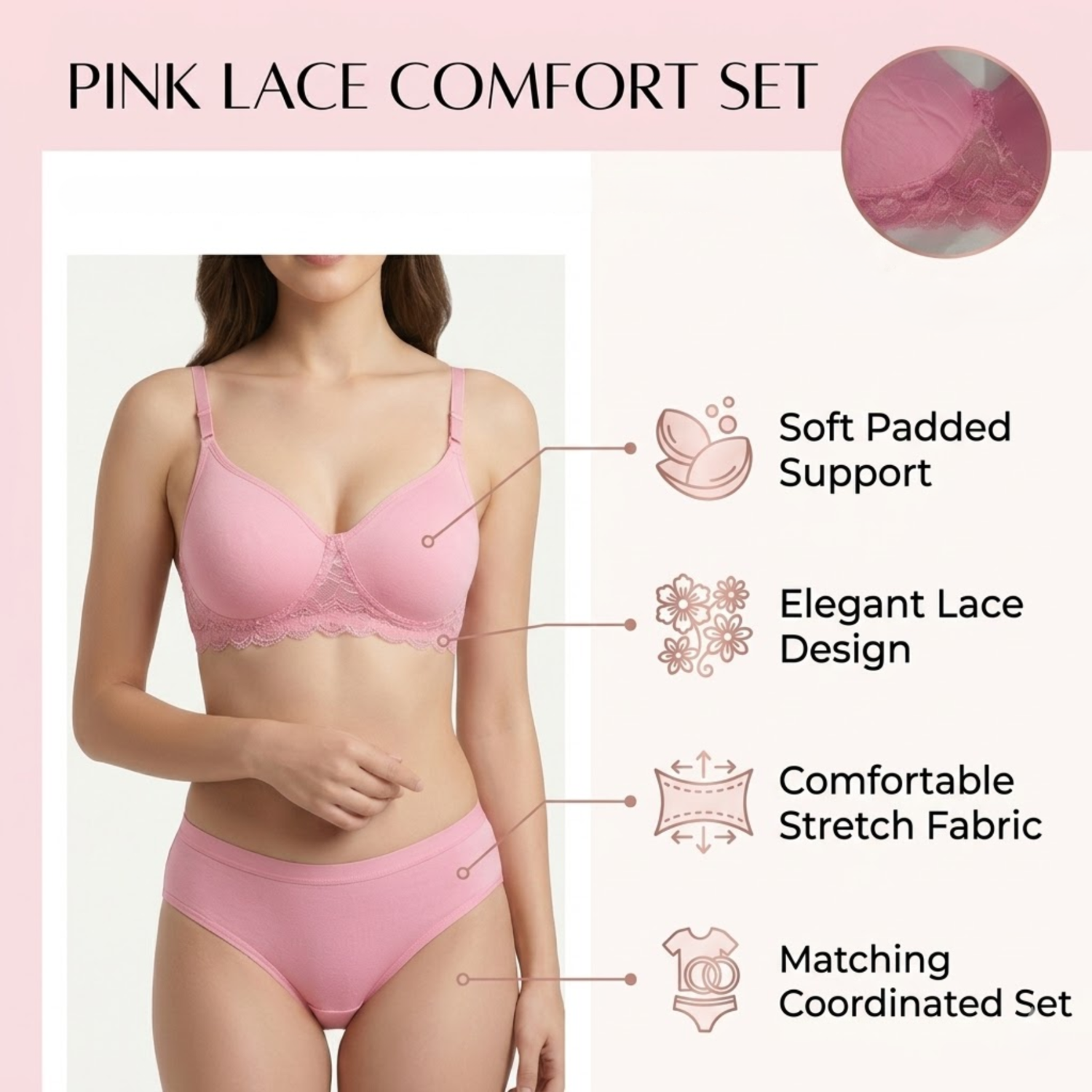 Elen Vosky Women’s Lingerie Set | Panty Set with Strappy Detailing | Breathable Cotton Lycra Fabric | Seamless Padded Bra with Lace Bottom Band