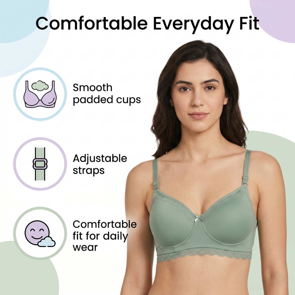 Elen Vosky Lace Design Bra for Women | Seamless Padded Bra with Lace Bottom Band | Wireless T-Shirt Bra | Comfortable Everyday Wear | Breathable Cotton Lycra Fabric