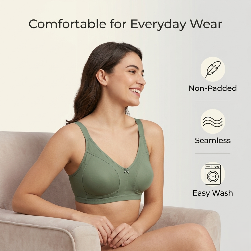 Elen Vosky Premium Bra for Women |  Everyday Comfort Bra | Non-Padded Wirefree Cotton Lycra Bra | Seamless Finish & Adjustable Straps | Everyday Wear