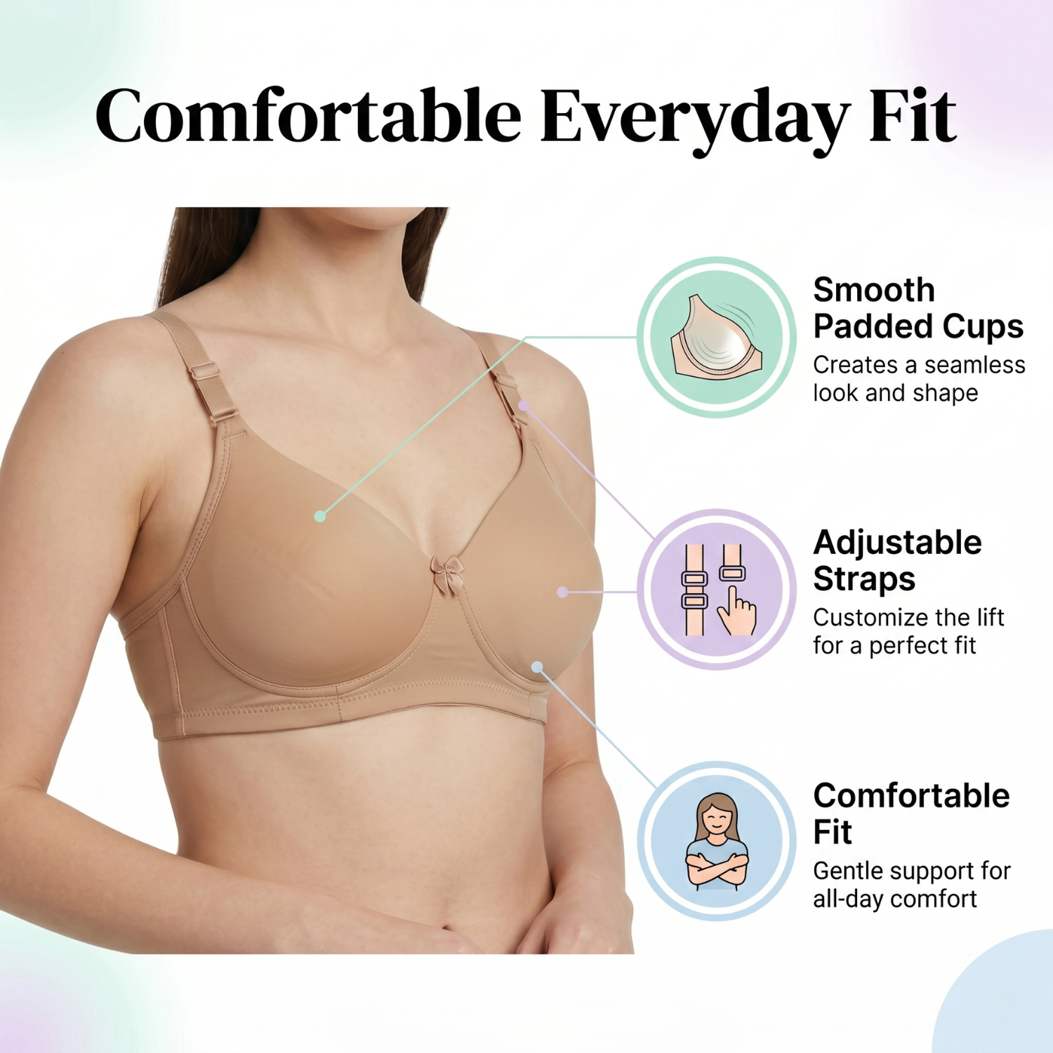 Elen Vosky Padded Bra for Women | Push-Up Seamless Adjustable Shoulder Bra | Comfortable Everyday Wear | Lightly Lined Wireless Support | Soft Breathable Lingerie