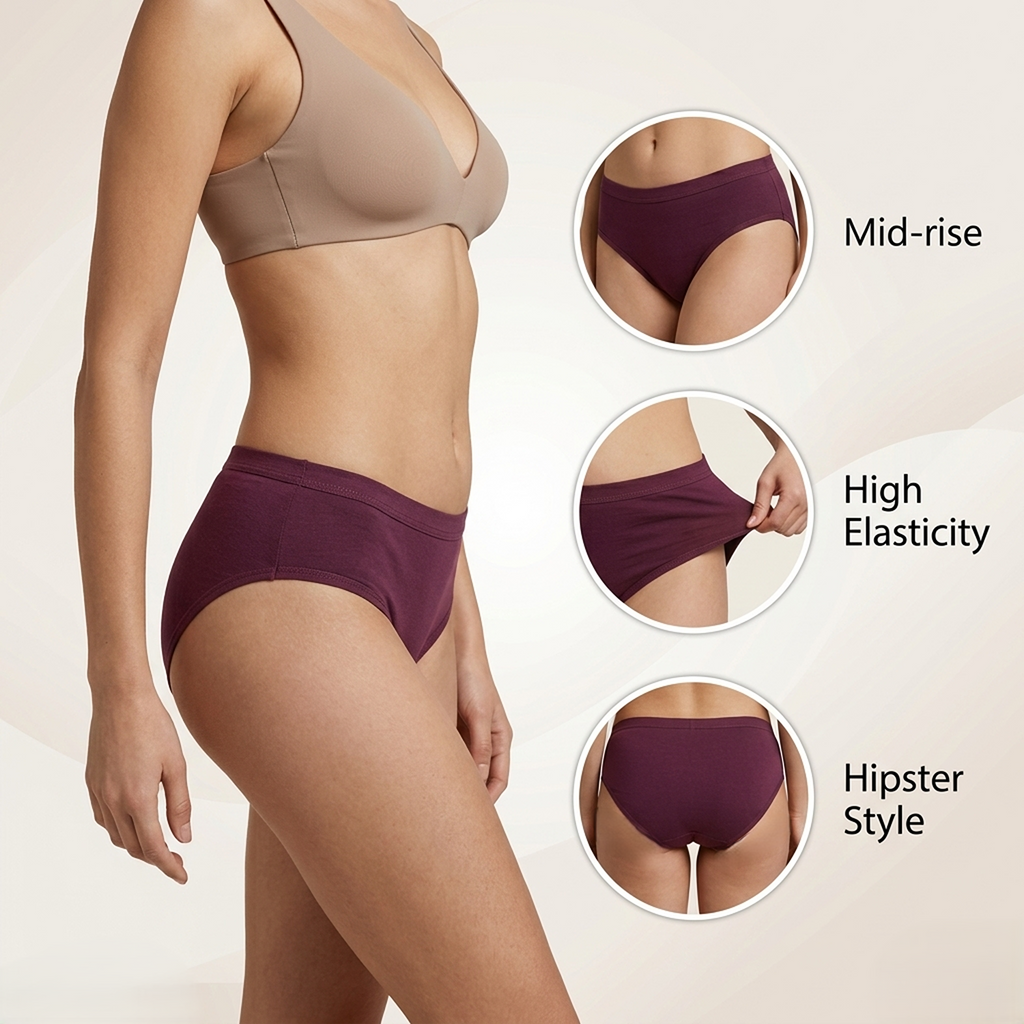 Elen Vosky Women Hipster Panties Pack of 3 | Breathable Cotton Lycra Fabric | Full Coverage Mid Rise Comfort Fit | Stretch Waistband | Anti Odor Everyday Wear