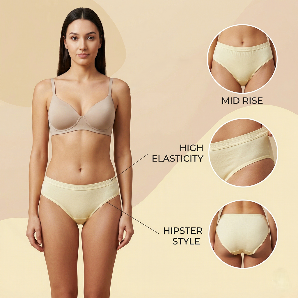 Elen Vosky Women Hipster Panties Pack of 3 | Breathable Cotton Lycra Fabric | Full Coverage Mid Rise Comfort Fit | Stretch Waistband | Anti Odor Everyday Wear