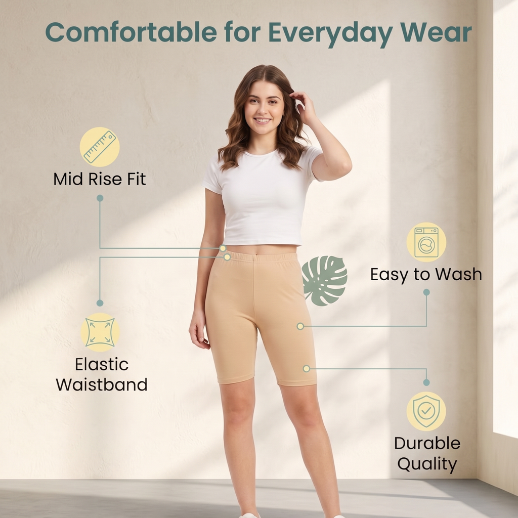 Elen Vosky Women’s Cotton Lycra Shorts | Stretchable, Soft & Breathable | Comfortable Elastic Waist Casual Shorts for Daily Wear, Gym & Lounge | Short for women (Pack of 3)