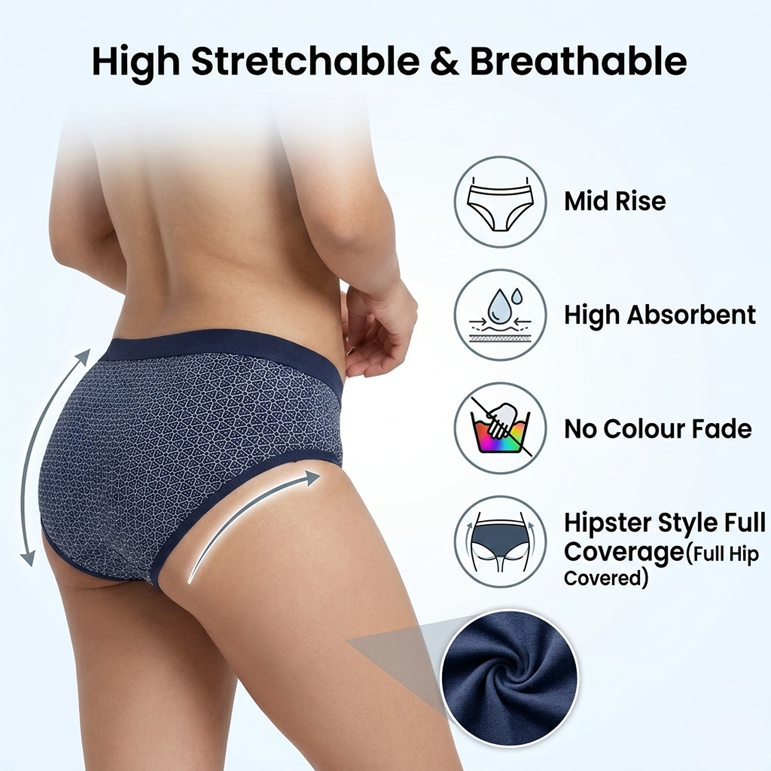 Elen Vosky Cotton Lycra Panties for Women Pack of 3 | Mid Rise Full Coverage Hipster Panties | Soft Stretch Waistband | Anti Odor Comfortable Everyday Wear