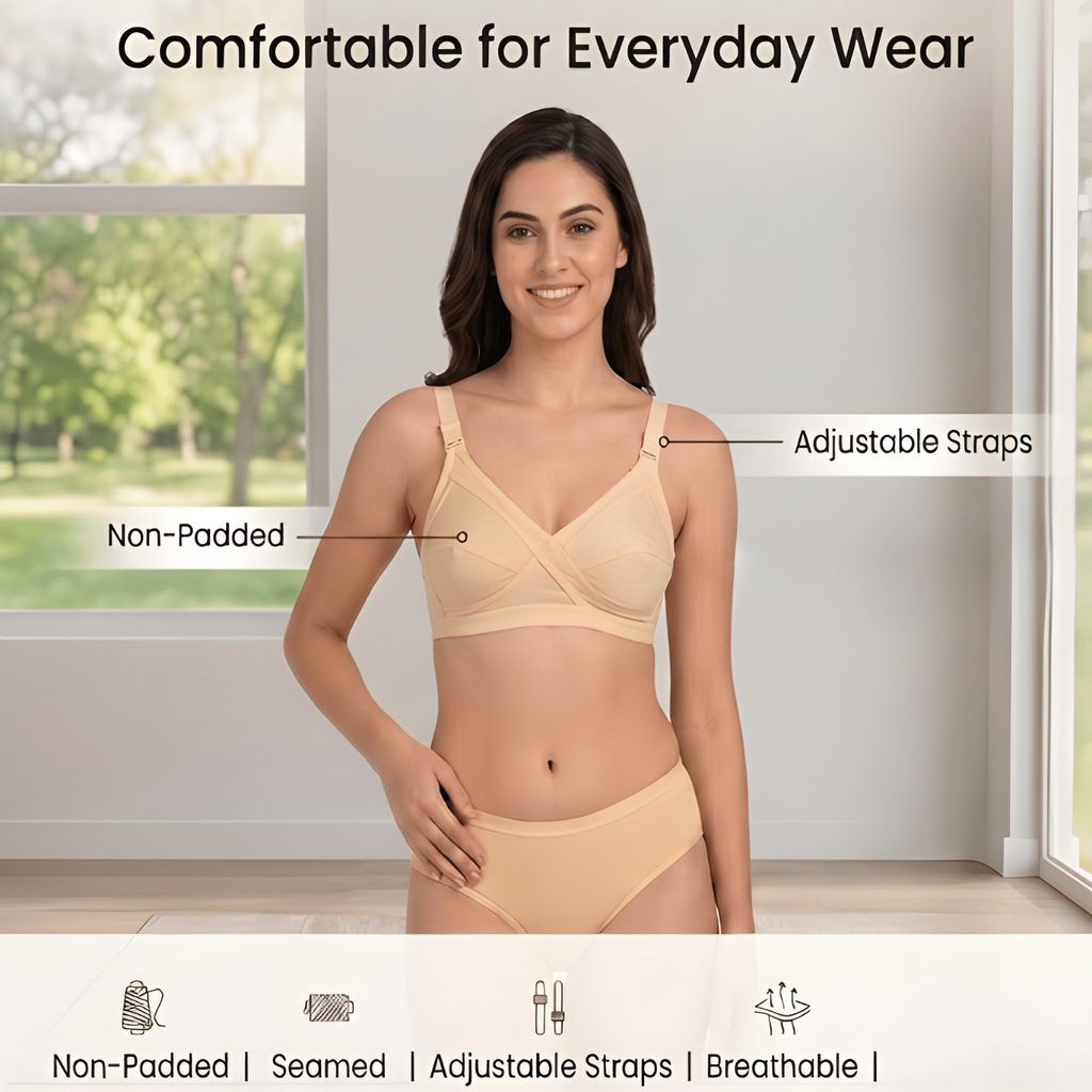 Elen Vosky Bra for Women Pack of 2 | Seamless,Non-Padded Bra with Lace Bottom Band | Wireless Bra | Comfortable Everyday Wear | Breathable Cotton Lycra Fabric