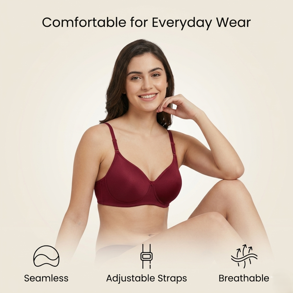 Elen Vosky Bra for Women | Seamless, Padded Bra | Comfortable Everyday Wear | Push-Up Seamless Adjustable Shoulder Bra| Lightly Lined Wireless Support | Breathable Cotton Lycra Fabric Pack of 2