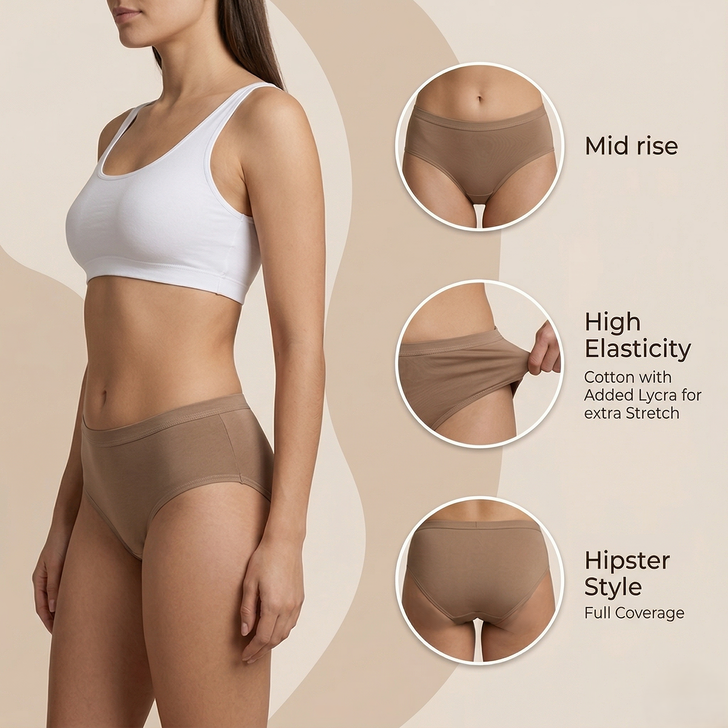 Elen Vosky Women’s Cotton Hipster Panties Pack of 3 | Breathable Cotton Lycra Fabric | Mid Rise Comfort Fit | Full Coverage Innerwear | Stretch Waistband | Anti Odor, Everyday Wear