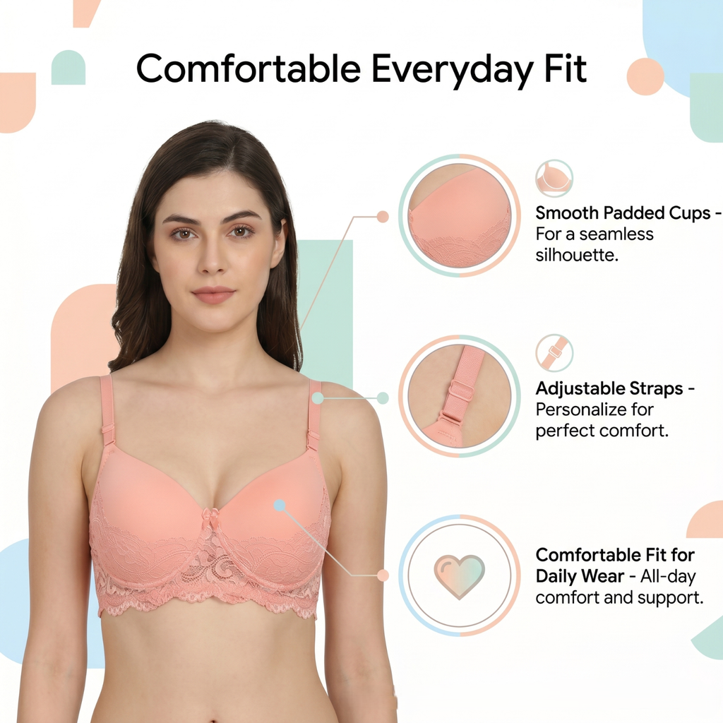 Elen Vosky Lace Design Bra for Women(Pack of 2 | Seamless Padded Bra with Lace Bottom Band | Adjustable strap bra | Comfortable Everyday Wear | Breathable Cotton Lycra Fabric