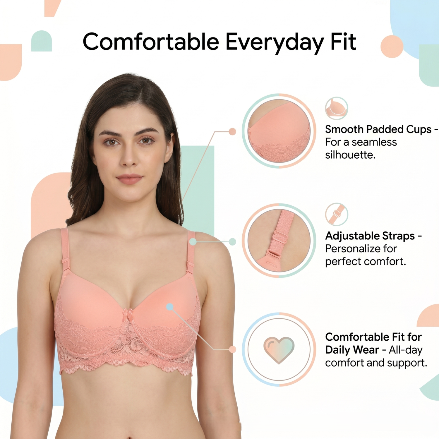 Elen Vosky Lace Design Bra for Women(Pack of 2 | Seamless Padded Bra with Lace Bottom Band | Adjustable strap bra | Comfortable Everyday Wear | Breathable Cotton Lycra Fabric