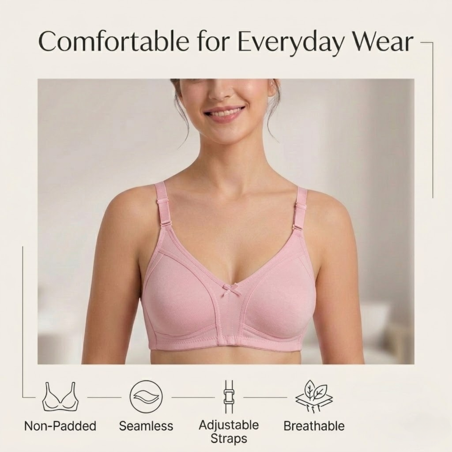 Elen Vosky Non Padded Bra for Women | Wirefree Seamless Bra with Adjustable Straps | Soft Support Breathable Cotton Lycra Bra for Everyday Wear