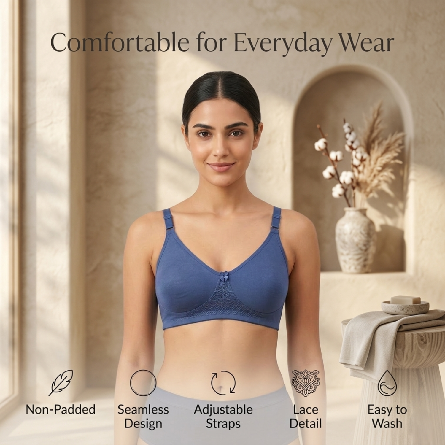 Elen Vosky Premium Women Bra combo Pack of 3 | Seamless Non-Padded Bra with Lace Bottom Band | Breathable Cotton Lycra Fabric | All-Day Comfort