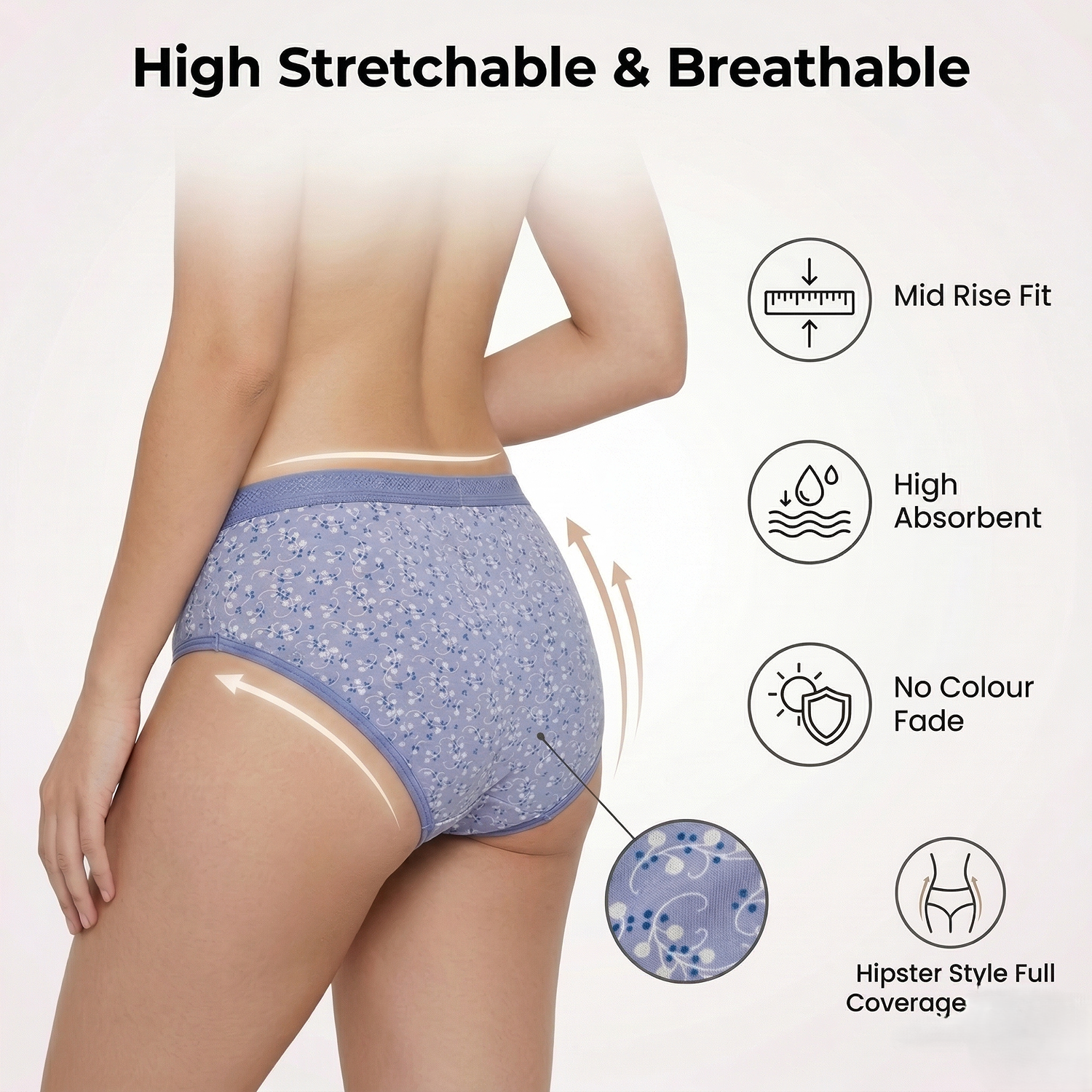 Elen Vosky Women’s Cotton Hipster Panties Pack of 3 | Breathable Cotton Lycra Fabric | Full Coverage Innerwear | Mid Rise Comfort Fit | Anti Odor, Everyday Wear | women innerwear