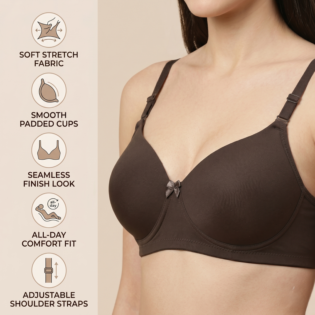 Elen Vosky Padded Bra for Women | Push-Up Seamless Adjustable Shoulder Bra | Comfortable Everyday Wear | Lightly Lined Wireless Support | Soft Breathable Lingerie