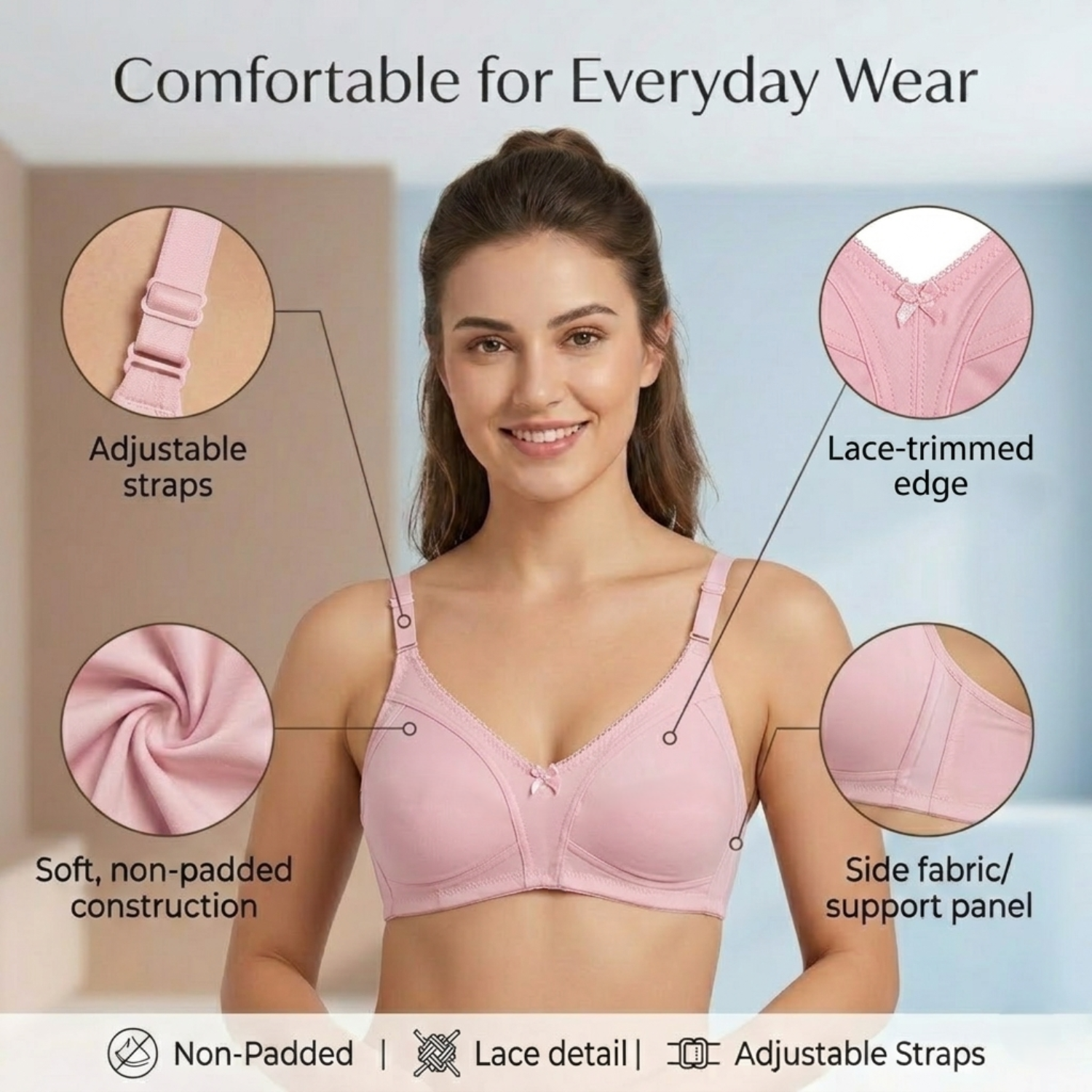 Elen Vosky Non Padded Bra for Women (Pack of 2) | Wirefree Seamless Bra with Adjustable Straps | Soft Support Breathable Cotton Lycra Bra for Everyday Wear (Copy) (Copy)