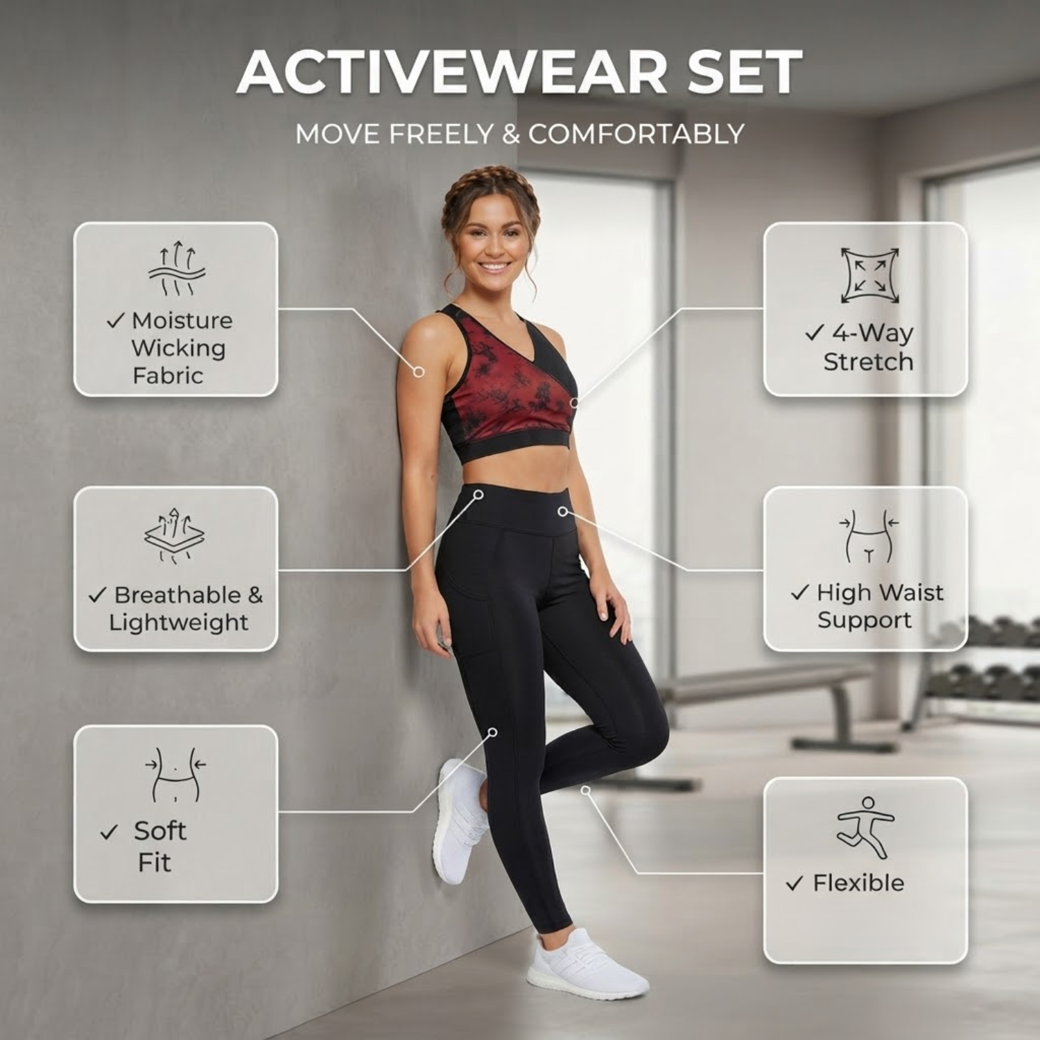 Elen Vosky Women's Activewear Set | Racerback Sports Bra & High Waist Gym Leggings | Dual Side Pockets | Stretch Workout Outfit for Yoga, Gym, Running & Fitness