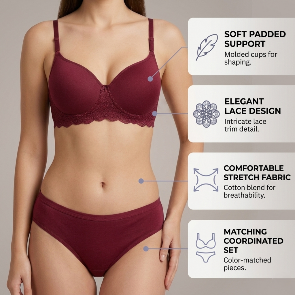 Elen Vosky Women’s Lingerie Set(Pack of 2) | Bra Panty Set with Strappy Detailing |Breathable Cotton Lycra Fabric | Seamless Padded Bra with Lace Bottom Band