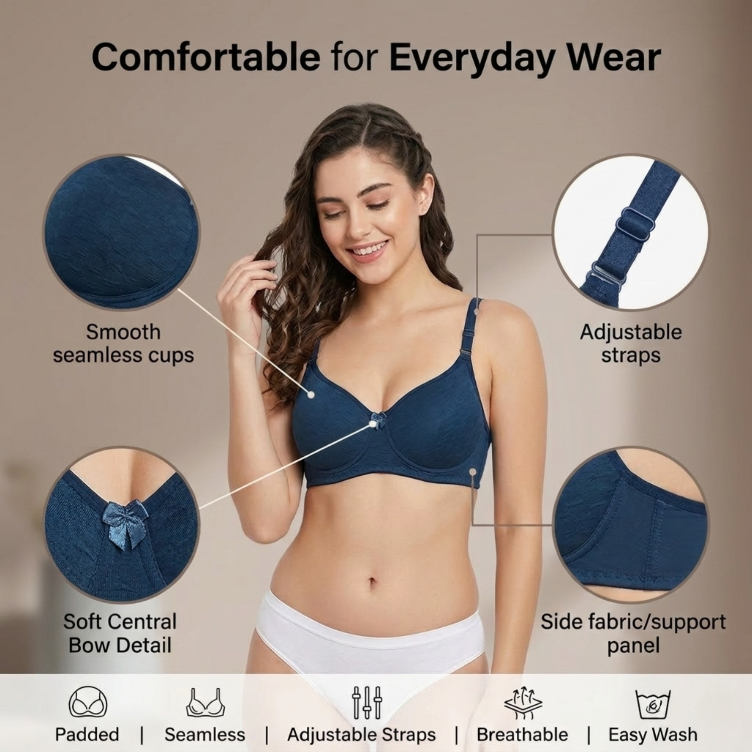 Elen Vosky Bra for Women | Seamless, Padded Bra | Comfortable Everyday Wear | Lightly Lined Wireless Support | Breathable Cotton Lycra Fabric (Pack of 2)