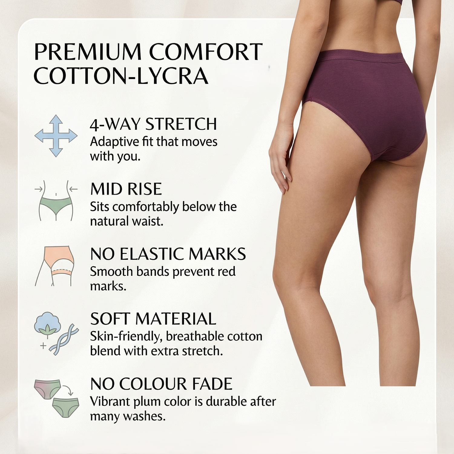 Elen Vosky Women Cotton Panties Pack of 3 | Breathable Cotton Lycra Fabric | Full Coverage Panty Set | Mid Rise Stretch Fit | Anti Odor & Sweat Absorbent | women innerwear