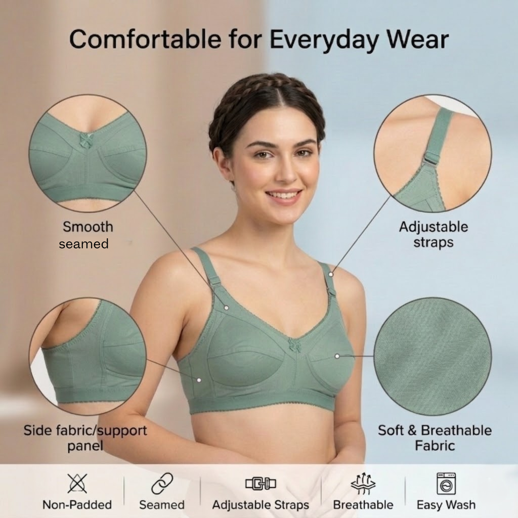 Elen Vosky Non-Padded Bra for Women (Pack of 2) | Seamless Wireless | 3-Hook Back Closure | Adjustable Shoulder Straps | Breathable Cotton Lycra Fabric | Everyday Wear