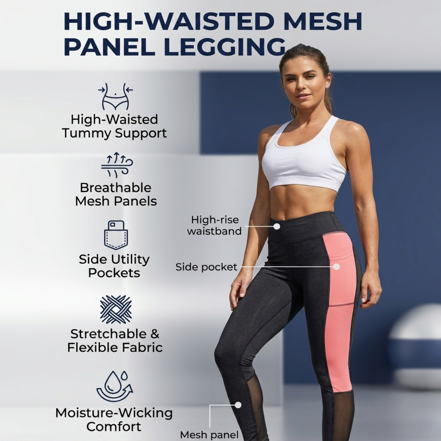 Elen Vosky Gym leggings for women high waist |Dual Colour, Breathable Mesh Panel, Side Pockets  Workout Tights | Stretchy Activewear Yoga Pants for Running, Fitness & Training