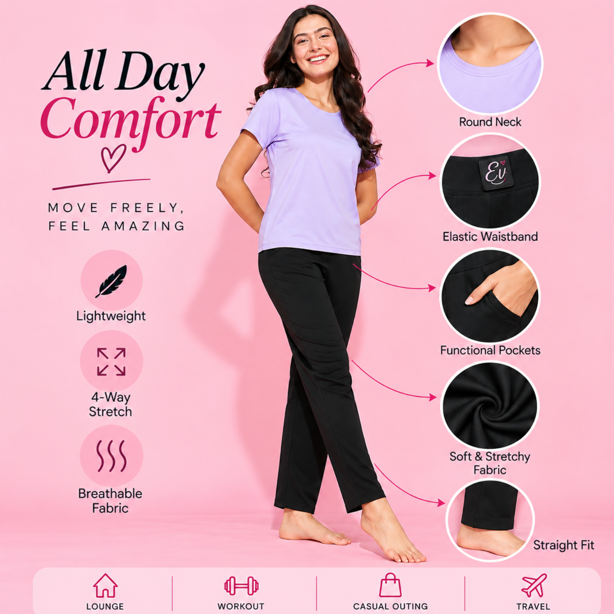 Women Gym Wear Set | Round Neck Half Sleeve T-Shirt & Leggings Combo | Comfortable Yoga, Workout, Running Set for Women
