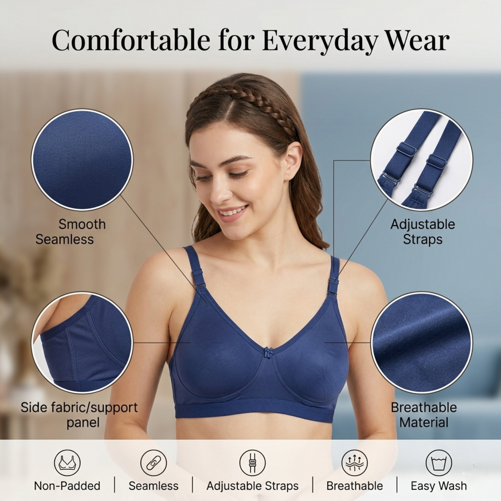 Elen Vosky Non-Padded Bra for Women (Pack of 2) | Seamless Wireless | 3-Hook Back Closure | Adjustable Shoulder Straps | Breathable Cotton Lycra Fabric | Everyday Wear