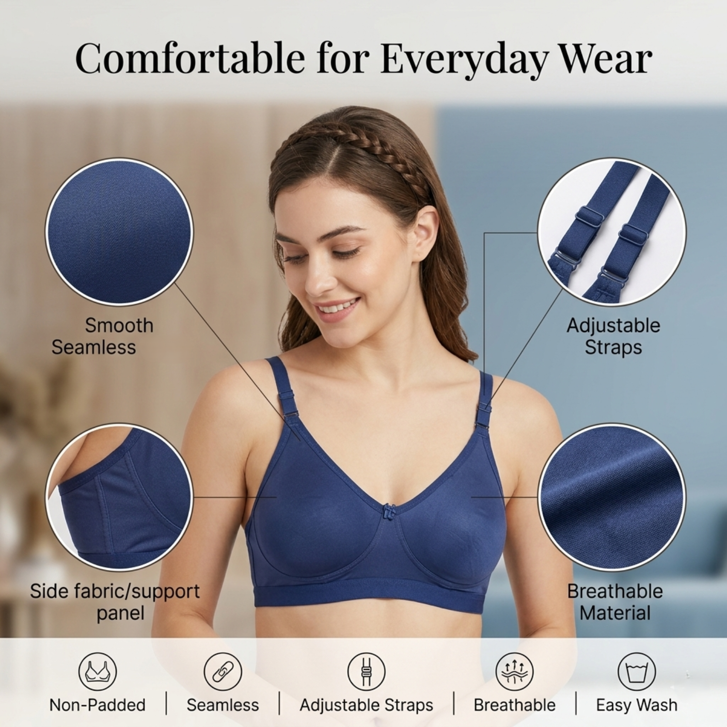 Elen Vosky Non-Padded Bra for Women (Pack of 2) | Seamless Wireless | 3-Hook Back Closure | Adjustable Shoulder Straps | Breathable Cotton Lycra Fabric | Everyday Wear