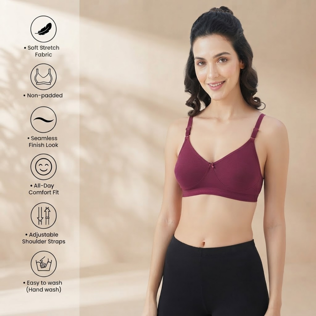 Elen Vosky Non-Padded Bra for Women | Seamless Wireless | 3-Hook Back Closure | Adjustable Shoulder Straps | Breathable Cotton Fabric | Everyday Wear