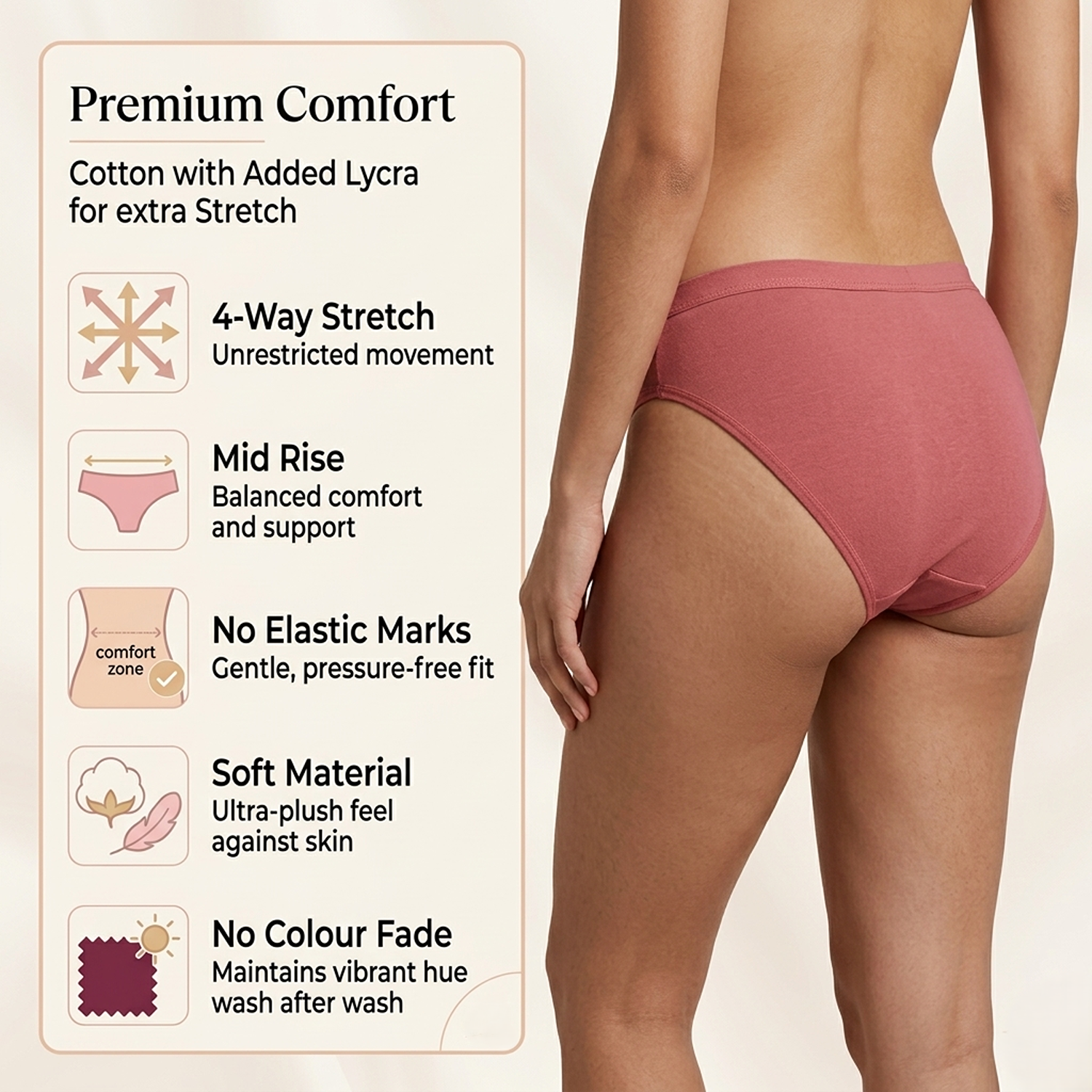 Elen Vosky Women’s Cotton Hipster Panties Pack of 3 | Breathable Cotton Lycra Fabric | Mid Rise Comfort Fit | Full Coverage Innerwear | Stretch Waistband | Anti Odor, Everyday Wear