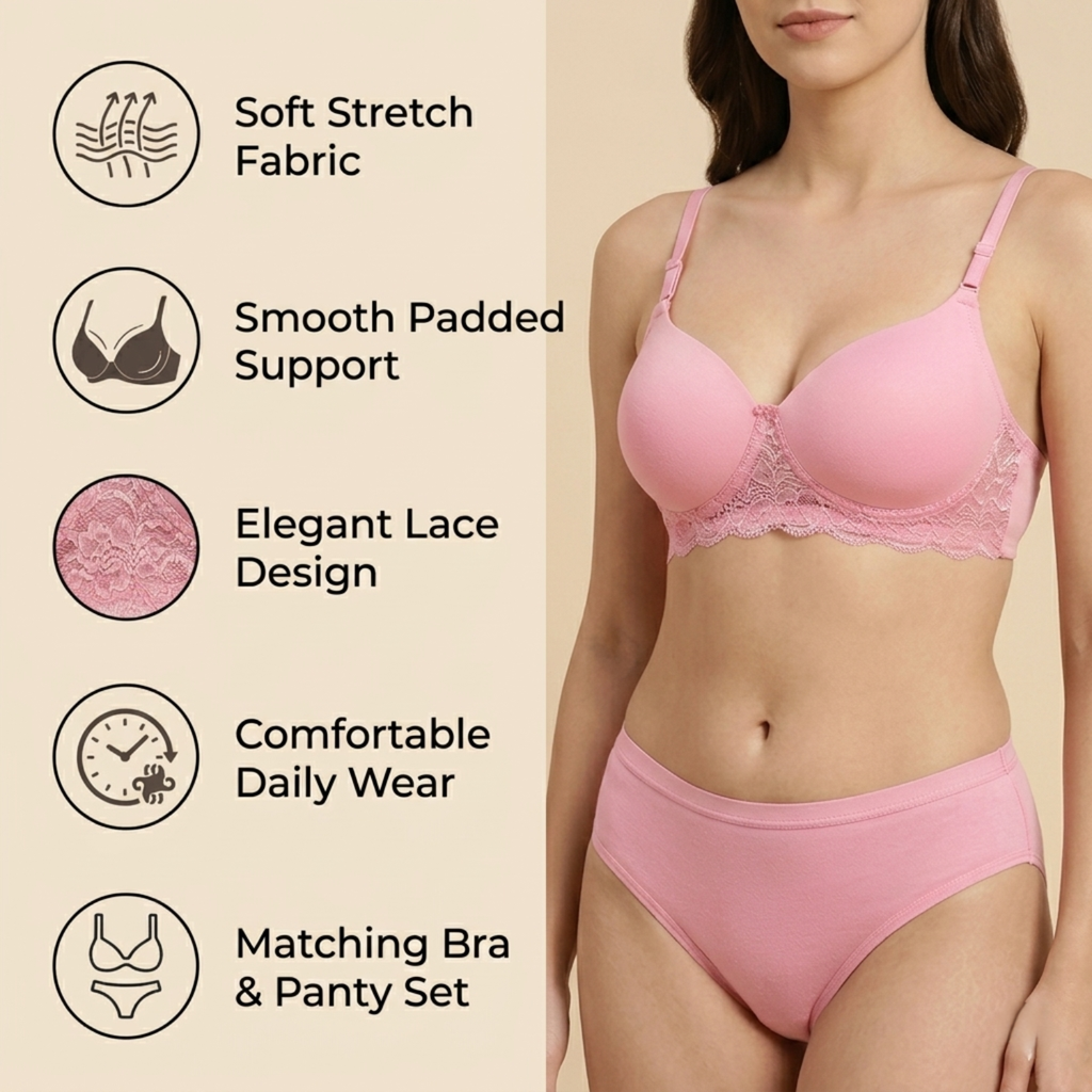 Elen Vosky Women’s Lingerie Set(Pack of 2) | Bra Panty Set with Strappy Detailing |Breathable Cotton Lycra Fabric | Seamless Padded Bra with Lace Bottom Band