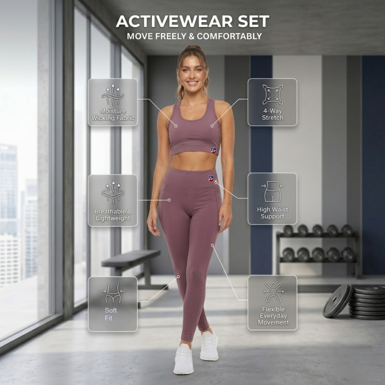 Elen Vosky Women's Gym Wear Set | Sports Bra & High Waist Leggings with Side Pockets | Stretch Activewear Co-Ord for Workout, Yoga, Training & Running