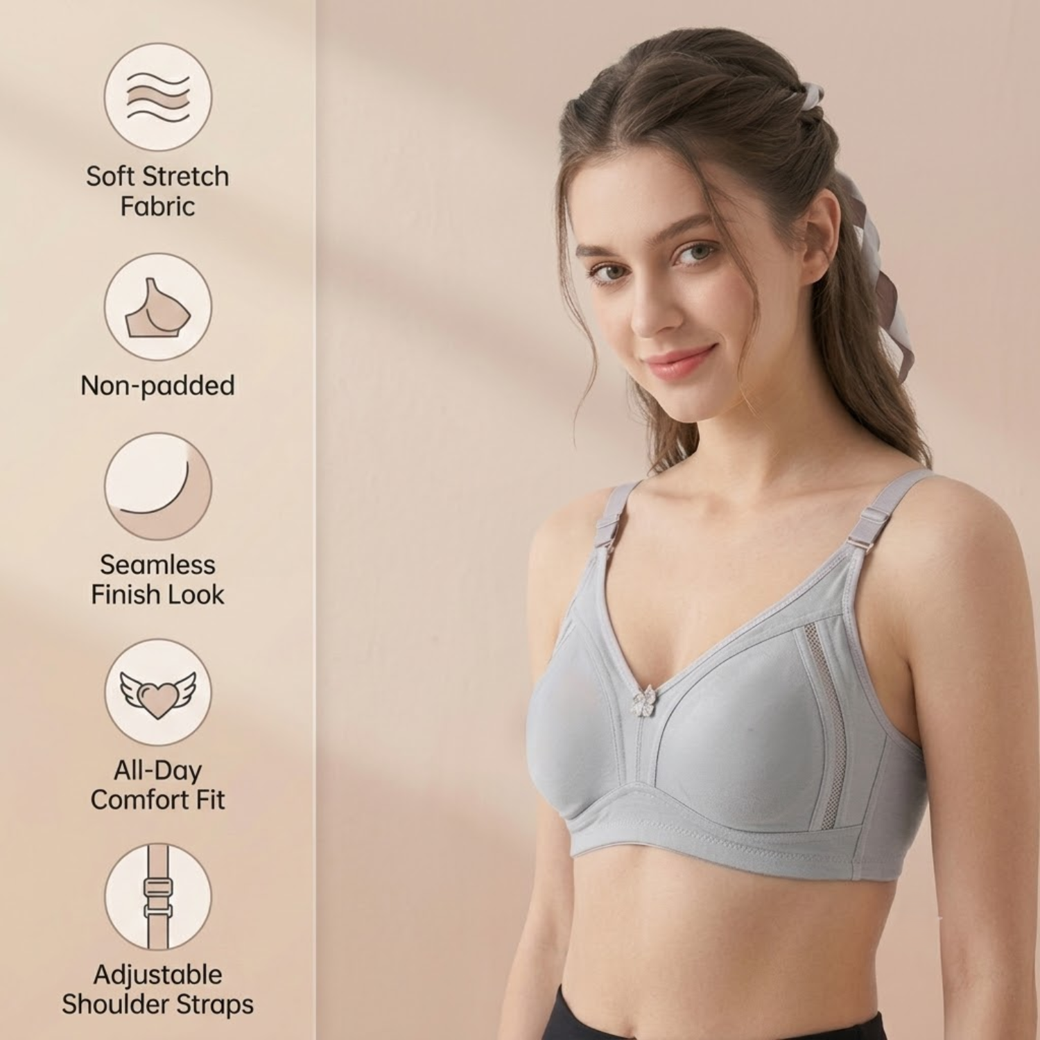 Elen Vosky Premium Women Bra Combo | Seamless Non-Padded Bra with Center Bow Design | 3-Hook Closure | Soft Fine Cotton Fabric | All-Day Comfort(B28)
