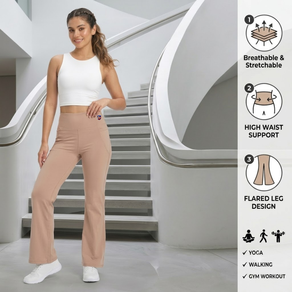 Elen Vosky Flare Pants for Women | Double Pockets | Wide Leg Stretch Workout Pants | Pants for Travel, Casual Wear, Office & Everyday Comfort