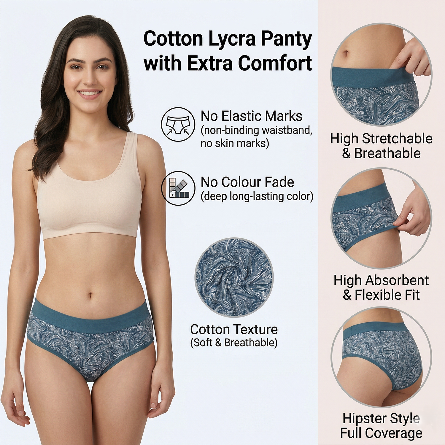 Elen Vosky Women’s Cotton Hipster Panties Pack of 3 | Breathable Cotton Lycra Fabric | Mid Rise Comfort Fit | Full Coverage Innerwear | Stretch Waistband | Anti Odor, Everyday Wear