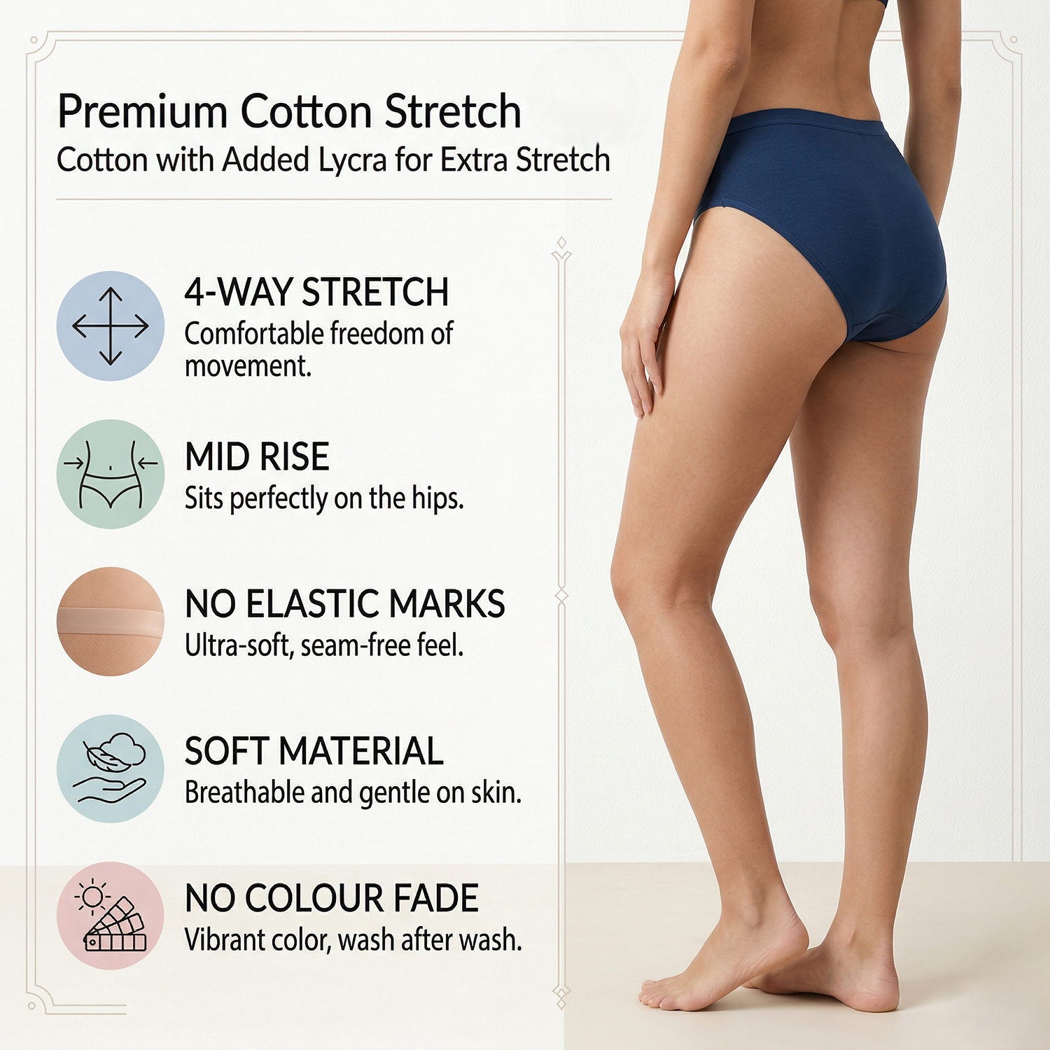 Elen Vosky Women’s Cotton Hipster Panties Pack of 3 | Breathable Cotton Lycra Fabric | Mid Rise Comfort Fit | Full Coverage Innerwear | Stretch Waistband | Anti Odor, Everyday Wear
