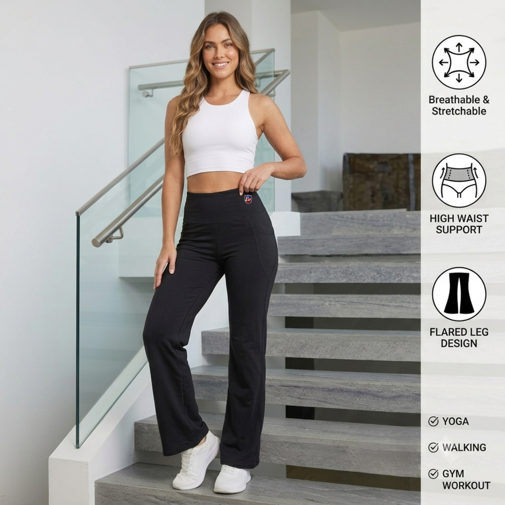Elen Vosky Flare Pants for Women | Double Pockets | Wide Leg Stretch Workout Pants | Pants for Travel, Casual Wear, Office & Everyday Comfort