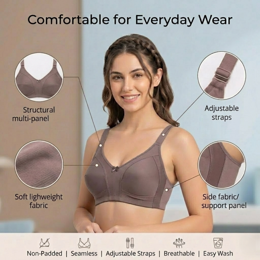 Elen Vosky Premium Bra for Women (Pack of 2) |  Everyday Comfort Bra | Non-Padded Wirefree Cotton Lycra Bra | Seamless Finish & Adjustable Straps | Everyday Wear