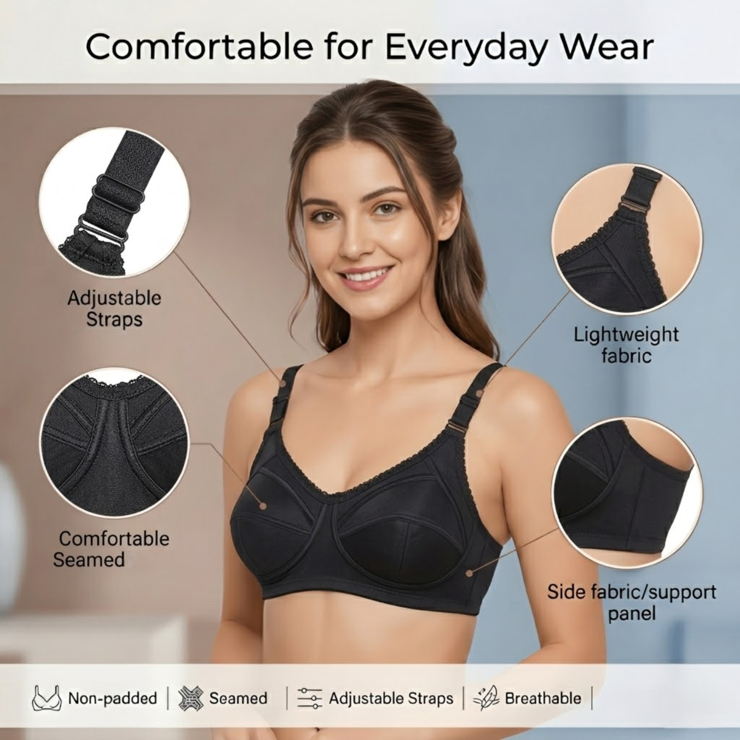 Elen Vosky Bra for Women Pack of 2 | Seamless,Non-Padded Bra with Lace Bottom Band | Wireless Bra | Comfortable Everyday Wear | Breathable Cotton Lycra Fabric