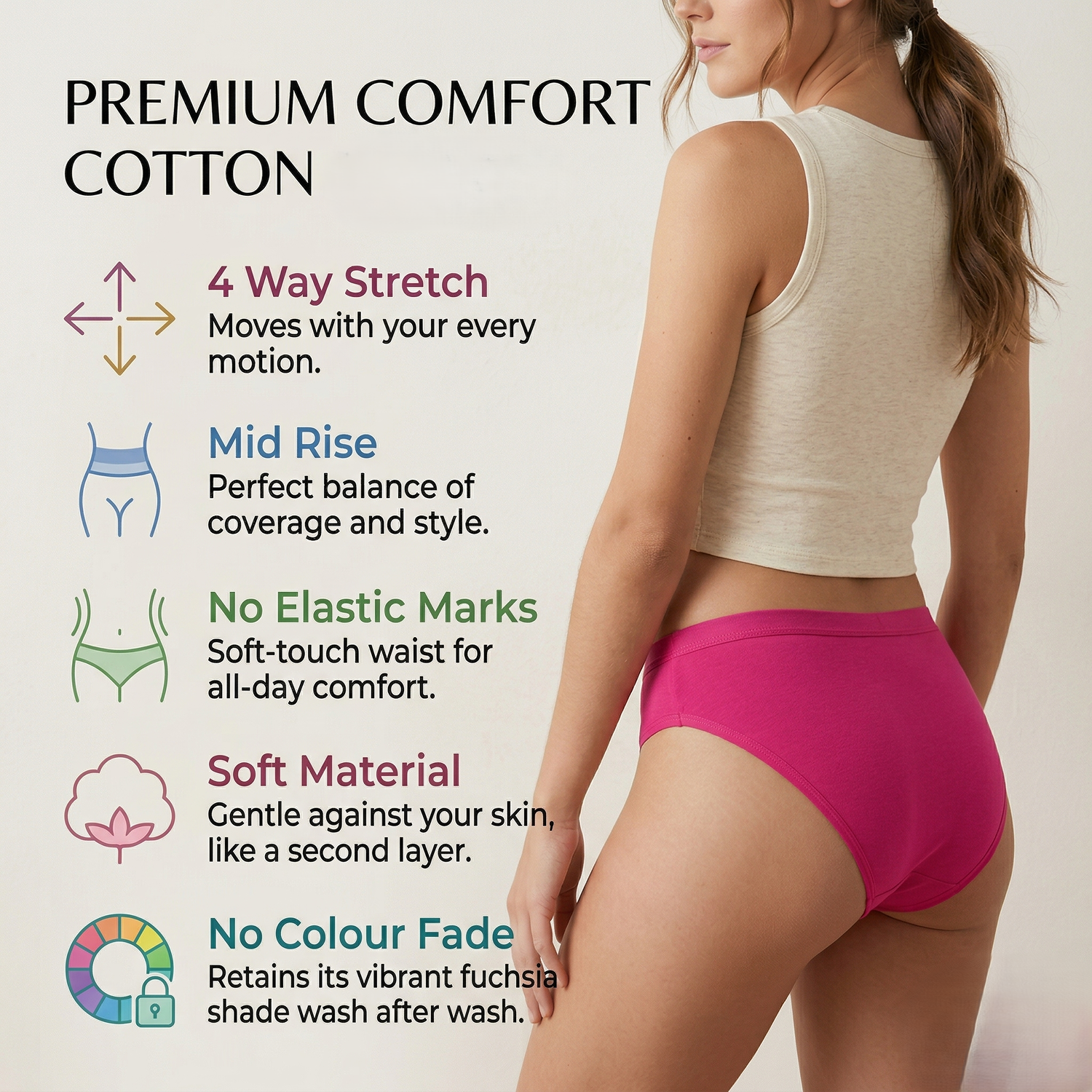 Elen Vosky Women’s Cotton Hipster Panties Pack of 3 | Breathable Cotton Lycra Fabric | Mid Rise Comfort Fit | Full Coverage Innerwear | Stretch Waistband | Anti Odor, Everyday Wear