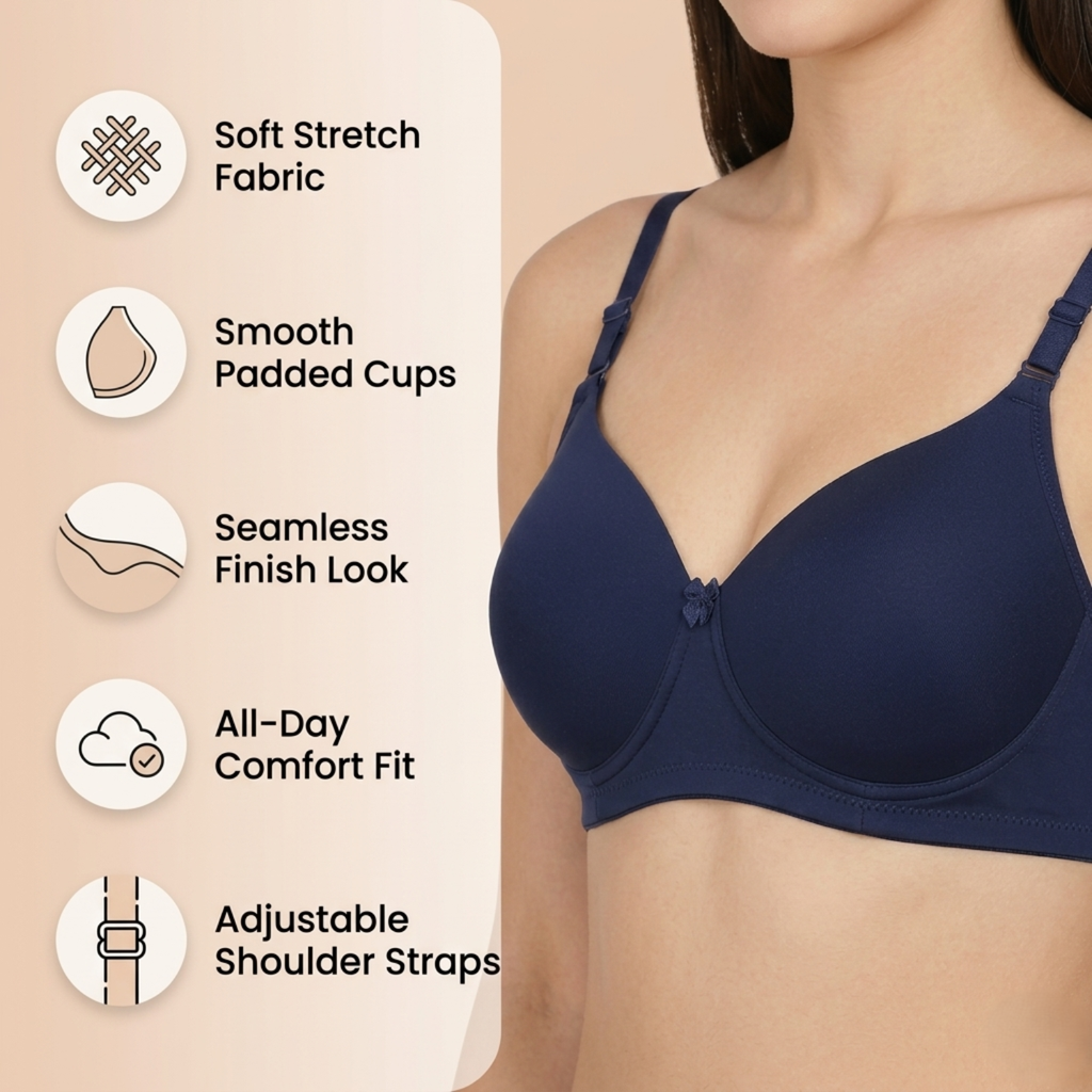 Elen Vosky Padded Bra for Women (Pack of 3) | Push-Up Seamless Adjustable Shoulder Bra | Comfortable Everyday Wear | Lightly Lined Wireless Support | Soft Breathable Lingerie