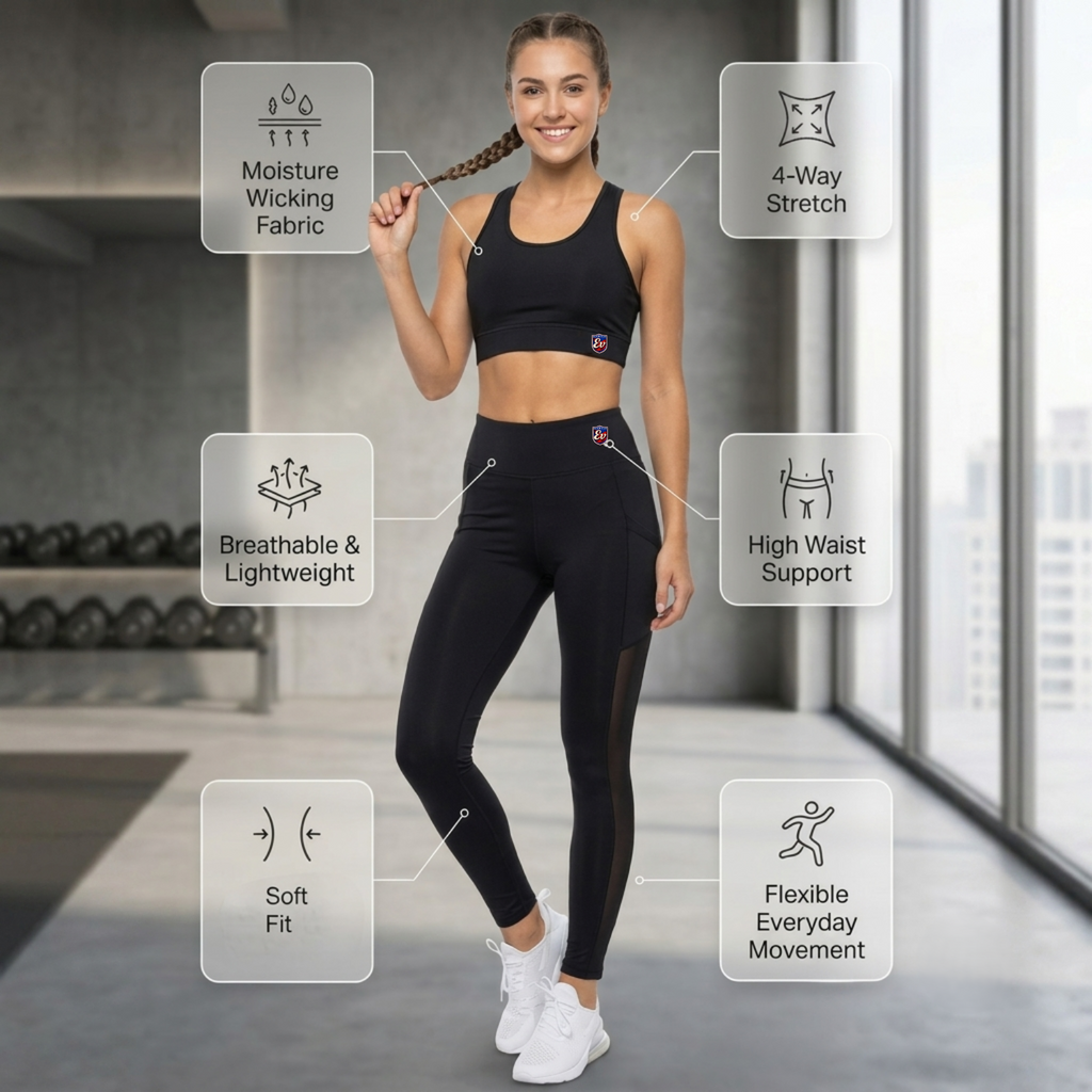 Elen Vosky Women Gym Wear Set | Sports Bra & High Waist Leggings with Side Pockets | Stretch Activewear Co-Ord for Workout, Yoga, Training & Running