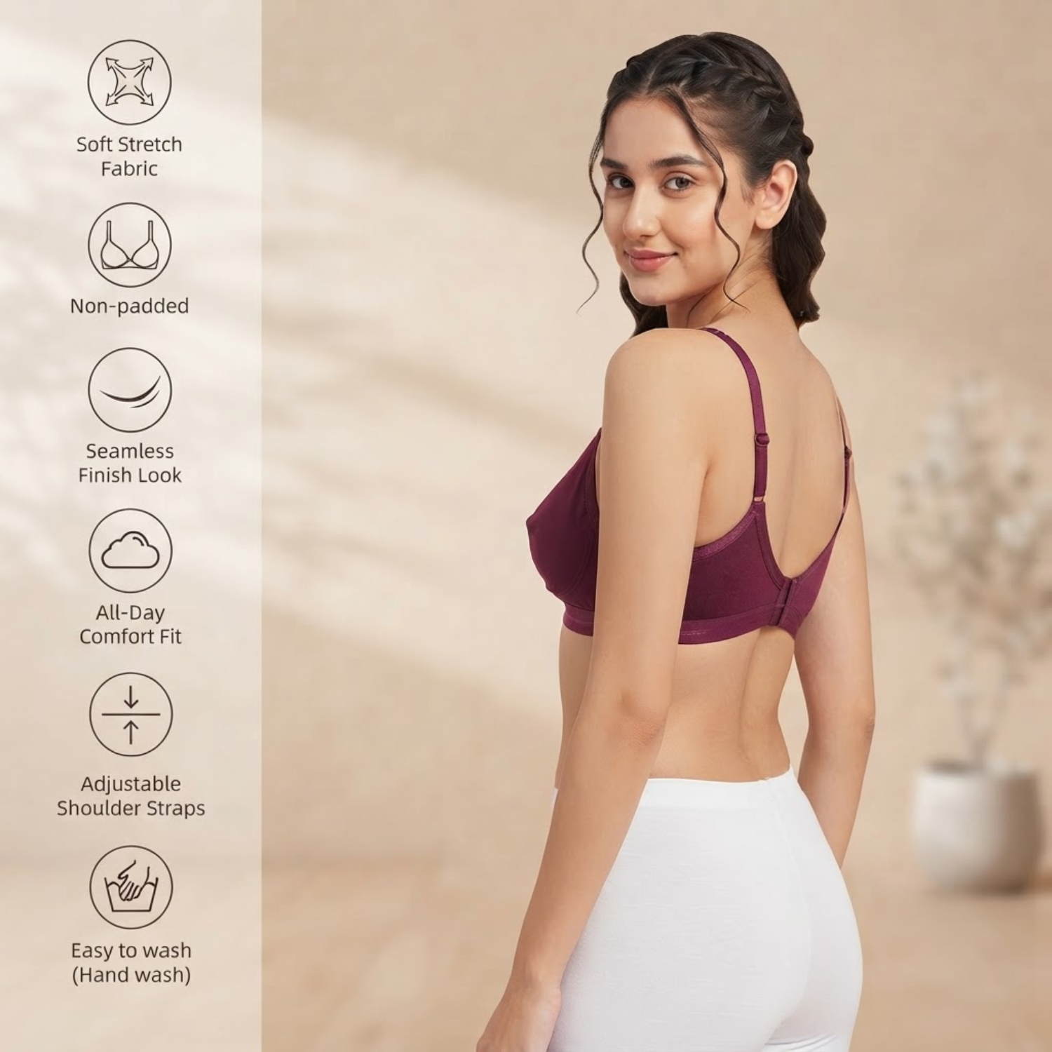 Elen Vosky Non-Padded Bra for Women (Pack of 3) | Seamless Wireless | 3-Hook Back Closure | Adjustable Shoulder Straps | Breathable Cotton Fabric | Everyday Wear