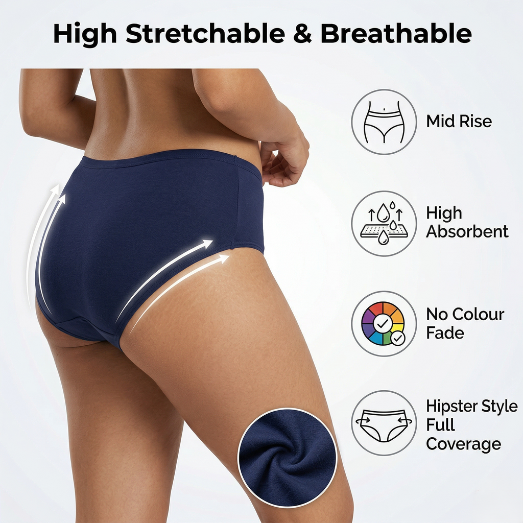 Elen Vosky Women Hipster Panties Pack of 3 | Breathable Cotton Lycra Fabric | Full Coverage Mid Rise Comfort Fit | Stretch Waistband | Anti Odor Everyday Wear