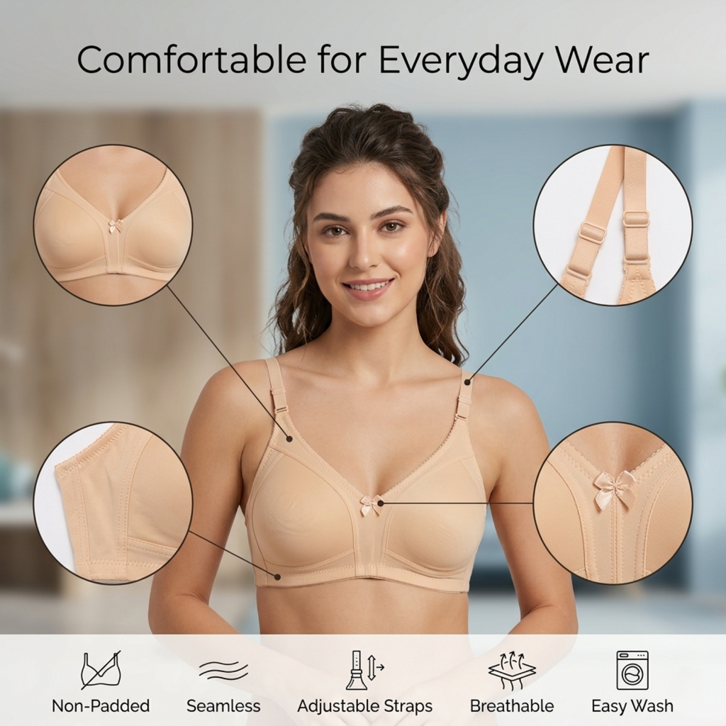 Elen Vosky Non Padded Bra for Women | Wirefree Seamless Bra with Adjustable Straps | Soft Support Breathable Cotton Lycra Bra for Everyday Wear