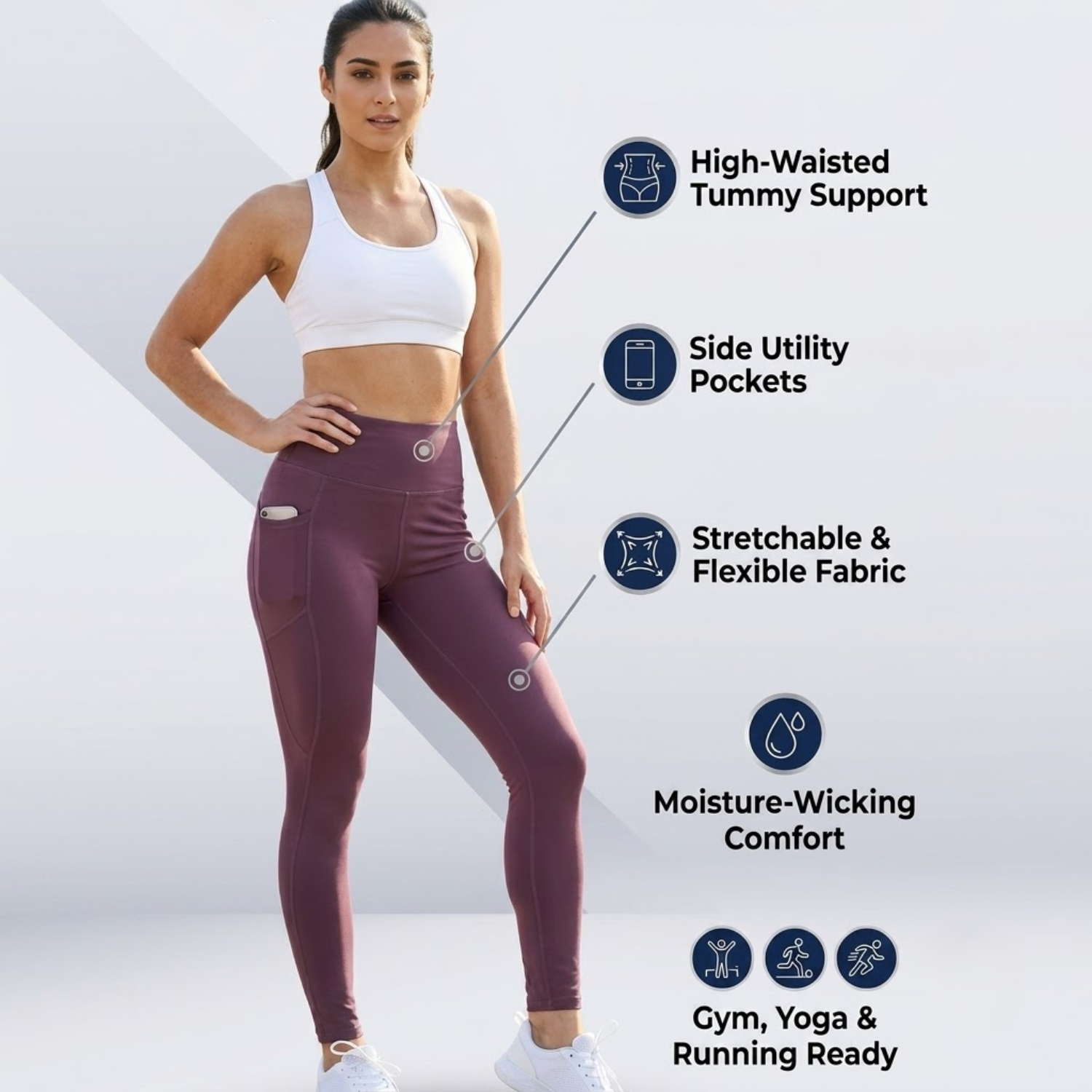 Elen Vosky Women's High Waist Double Pocket Leggings | Stretch Workout Tights | Tummy Control Activewear Yoga Pants for Gym, Running, Fitness & Training