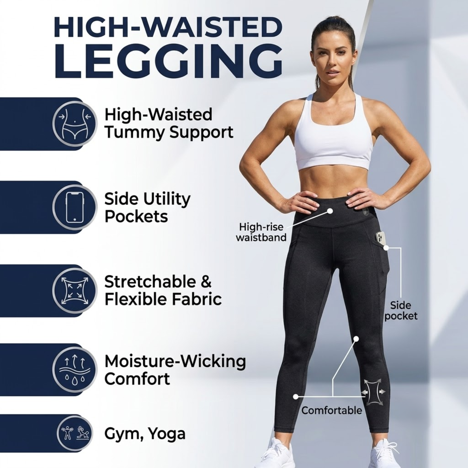 Elen Vosky Women's High Waist Double Pocket Leggings | Stretch Workout Tights | Tummy Control Activewear Yoga Pants for Gym, Running, Fitness & Training