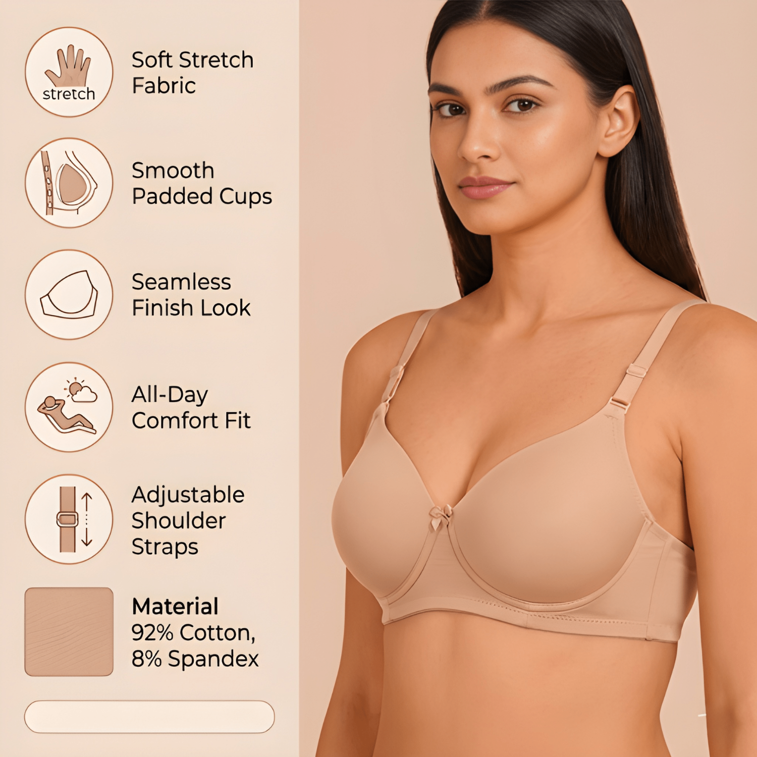 Elen Vosky Padded Bra for Women (Pack of 2) | Push-Up Seamless Adjustable Shoulder Bra | Comfortable Everyday Wear | Lightly Lined Wireless Support | Soft Breathable Lingerie