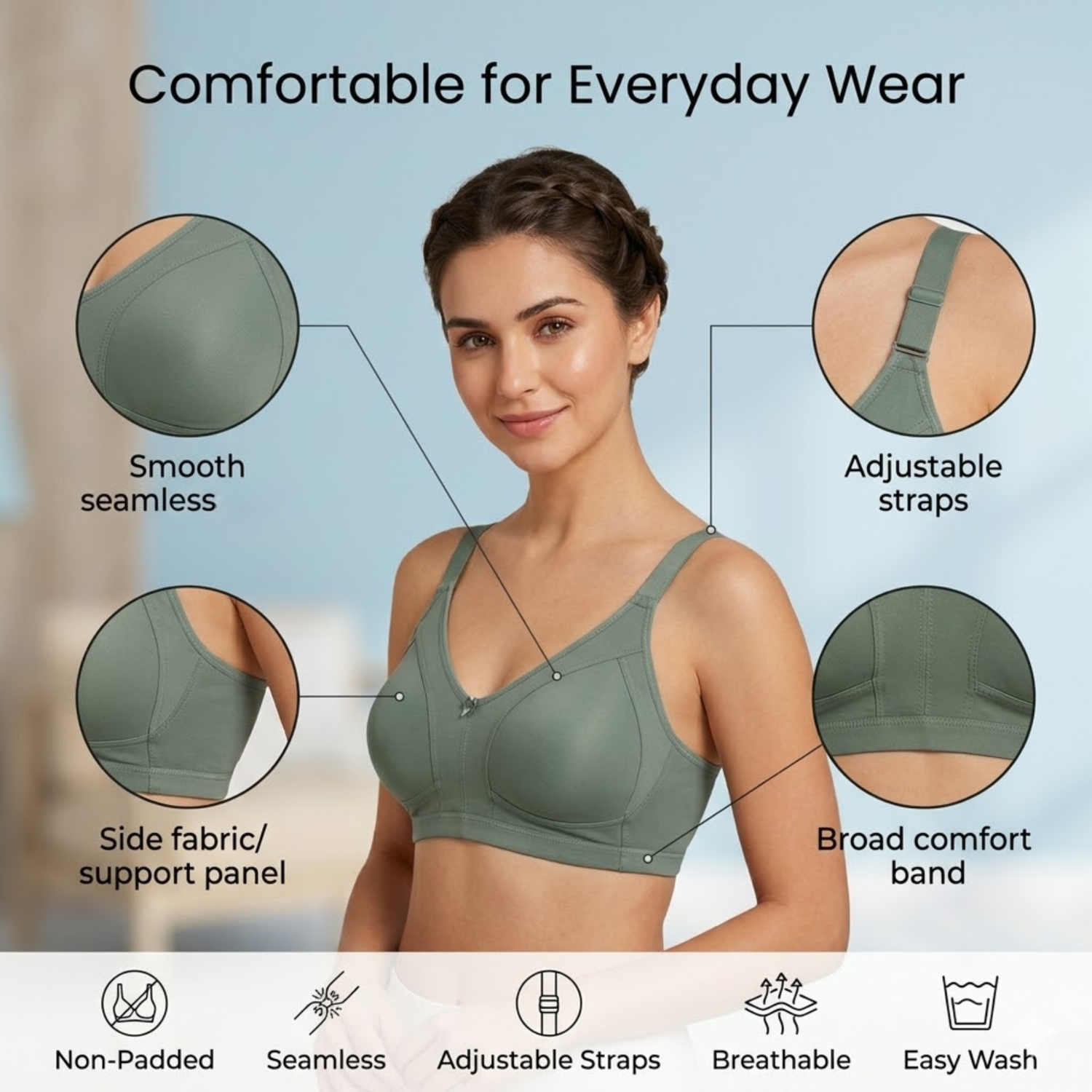 Elen Vosky Premium Bra for Women (Pack of 3) |  Everyday Comfort Bra | Non-Padded Wirefree Cotton Lycra Bra | Seamless Finish & Adjustable Straps | Everyday Wear